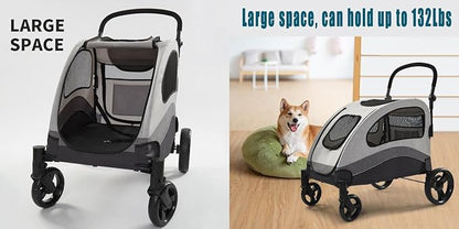ANLULOAD Dog Stroller for Large Dogs,Dog Carriage,Foldable, Adjustable Handle, with Pocket with One-Foot Brake Up to 132lbs