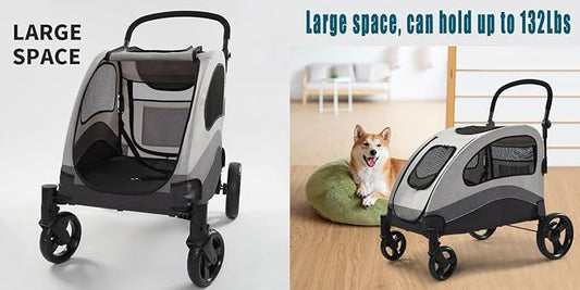 ANLULOAD Dog Stroller for Large Dogs,Dog Carriage,Foldable, Adjustable Handle, with Pocket with One-Foot Brake Up to 132lbs