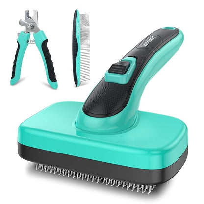 Dog Brush - 3 Pcs Self Cleaning Slicker Brush & Nail Clippers & Pet Comb for Dogs,Cats and Horses, Skin Friendly Deshedding Grooming Tool whit Short Long Haired Pets