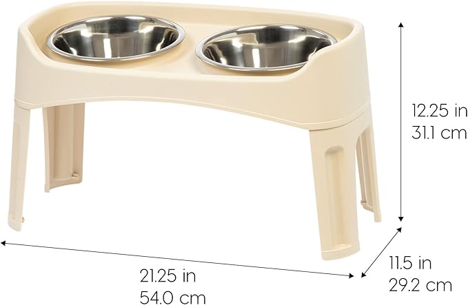 IRIS USA Adjustable Elevated Dog Bowls, Raised Feeder with 2 Stainless Steel 64 oz Bowls, Spill-Guard Rim, 12.25" or 4.63" Heights, Durable Plastic, Made in USA, Almond