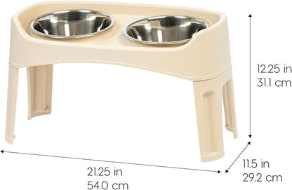 IRIS USA Adjustable Elevated Dog Bowls, Raised Feeder with 2 Stainless Steel 64 oz Bowls, Spill-Guard Rim, 12.25" or 4.63" Heights, Durable Plastic, Made in USA, Almond