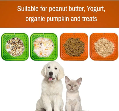 Dog Lick Mat 2-Pack (Orange & Green) with Spatulas – Silicone Licking Pads for Dogs & Cats, Peanut Butter Slow Feeder, Strong Suction, Anxiety Relief for Bath & Grooming, Dishwasher-Safe