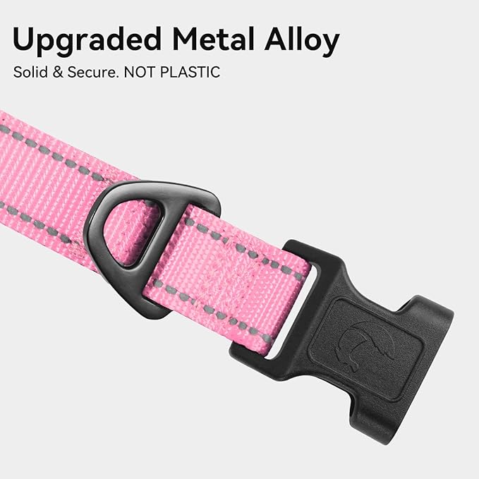 Joytale Reflective Dog Collar, Soft Neoprene Padded, Metal D-Ring, Nylon Pet Collar Adjustable for Large Dogs, Pink, L