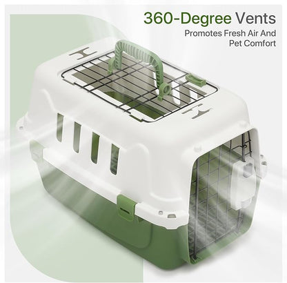 18 Inch Hard-Sided Plastic Dog Carrier 2 Door Travel Crate for Small Dogs Cats up to 10 lbs, Durable Handle, Security Lock Design, Green