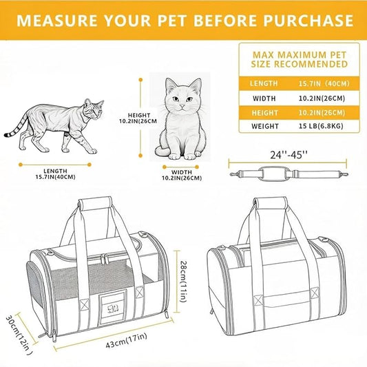 Cat Carrier Pet Dog Carrier Airline Approved for Puppy Kitten Carriers Under 15lb, Collapsible Soft Sided TSA Approved Travel Carrier-Grey