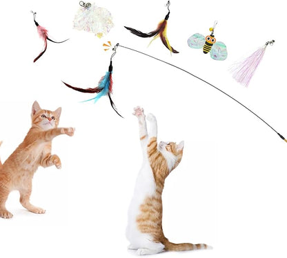 Andiker Cat Wand Toy with 2 PCS 12 Inches Replaceable Colorful Rainbow Tassels and Little Bells Funny and Interesting Cat Toys for Indoor Cats Keeping Fit (6 Replacements, Count, 7)