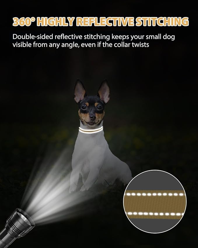 Joytale Puppy Collar, Feather-Light Double-Sided Reflective Nylon Collar for Night Safety, Adjustable Quick-Release for Extra Small Dogs, Khaki, XS (3/8" Width)