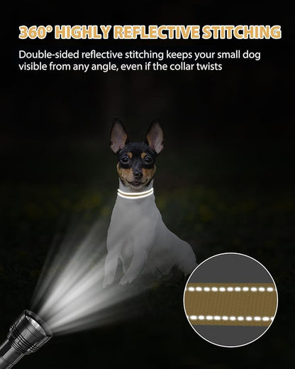 Joytale Puppy Collar, Feather-Light Double-Sided Reflective Nylon Collar for Night Safety, Adjustable Quick-Release for Extra Small Dogs, Khaki, XS (3/8" Width)