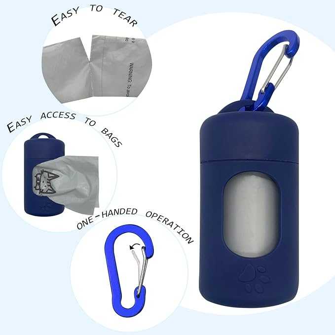 Dog Poop Bag Dispenser for Leash with Snap Clip, Skin-friendly Texture Waste Bag Holder for Dog Walks and Cats, Pets Litter Bag Container, Indoor & Outdoor Use (Navy, 1)