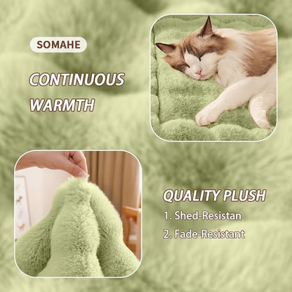 Cat Bed Mat, Soft Plush Faux Fur Kneading Pet Bed, Machine Washable Cat Sleeping Pad for Indoor Cats & Kittens, Non-Slip Fluffy Cat Rug for Couch Sofa Floor, 23x15 Inch Green