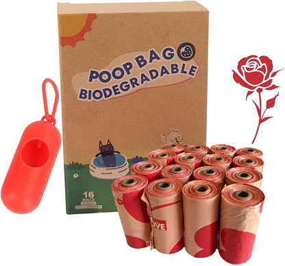 Dog Poop Bags Rolls, Rose Scent Biodegradable Red, Large 9x13 Inch With Dispenser, Leakproof & Easy Tear 240 Count (16 Rolls) for Outdoor Dog Walking