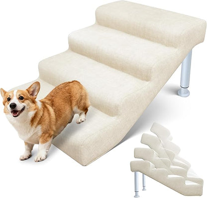 DoCred Adjustable Pet Stairs for Beds & Sofas - 4 Step 14.5"-17.7" H Non-Slip Dog Stairs for Small to Medium Dogs & Cats, Supports up to 150 lbs - Linen Faux Leather Dog Steps