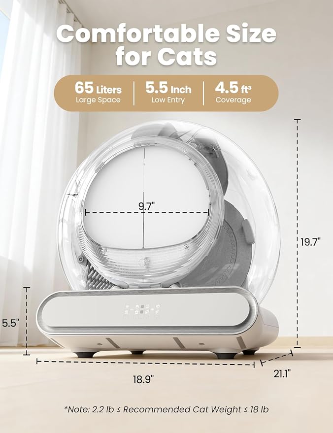 Self Cleaning Litter Box, Integrated Safety Automatic Cat Litter Box Self Cleaning 65L+9L for Multiple Cats, App Control, Odor Removal, Includes Mat & Liner (3 Rolls) - White