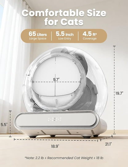 Self Cleaning Litter Box, Integrated Safety Automatic Cat Litter Box Self Cleaning 65L+9L for Multiple Cats, App Control, Odor Removal, Includes Mat & Liner (3 Rolls) - White