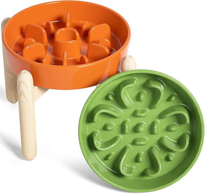 LE TAUCI Ceramic Slow Feed Dog Bowls with Wooden Stand, Anti-Gulping, Non-Slip, Easy to Clean, Dishwasher Safe, 8 Inch