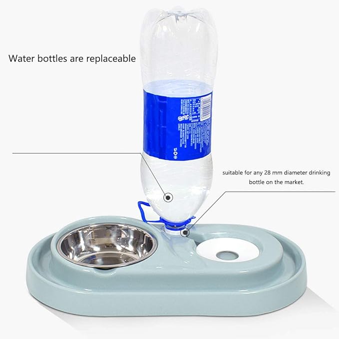 Luck Dawn Double Dog Cat Bowls Water and Food Bowl Set，Detachable Stainless Steel Bowl Automatic Water Dispenser Bottle Pet Feeder for Small or Medium Size Dogs Cats Puppy Kitten Rabbit
