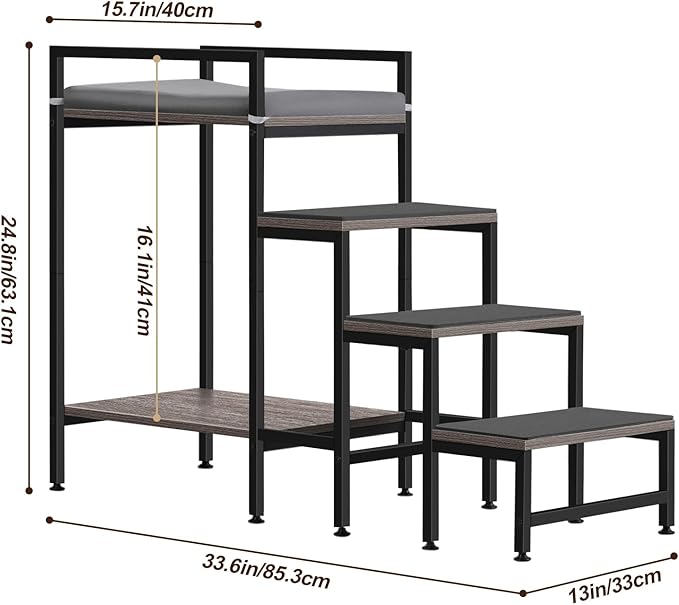 Pet Window Perch with Stairs, Grey Dog Window Perch with Stairs, 4 Steps Dog Bunk Beds with Stairs, Pet Stairs for High Beds with Cushion for Medium Small Sized Pets