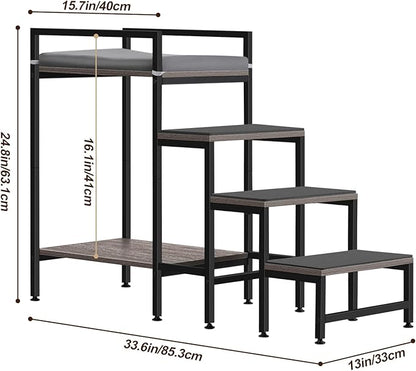 Pet Window Perch with Stairs, Grey Dog Window Perch with Stairs, 4 Steps Dog Bunk Beds with Stairs, Pet Stairs for High Beds with Cushion for Medium Small Sized Pets