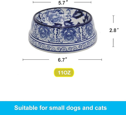 Aimusego Blue and White Flower Pattern Ceramic Dog Food Dish for Small Medium Dogs and Cat,Heavy Non-Slip Porcelain Pet Bowl for Food and Water -6.7inch