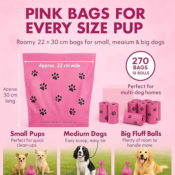 Dog Poop Bags 270 Count Pink, Poop Bags for Dogs, Extra Strong Leak Proof Scented Odor Control Dog Waste Bags, 18 Rolls with Paw Print, Fits Most Dispensers