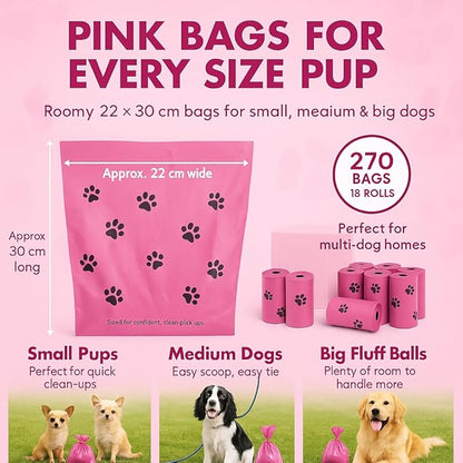 Dog Poop Bags 270 Count Pink, Poop Bags for Dogs, Extra Strong Leak Proof Scented Odor Control Dog Waste Bags, 18 Rolls with Paw Print, Fits Most Dispensers
