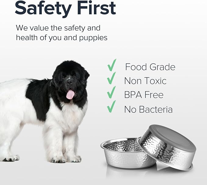 URBUDDIES 2 Pack Hammered Stainless Steel Dog Bowls, Premium Metal Dog Bowls with Non Slip Rubber Bottom, Dishwasher Safe, Easy to Clean, 11 Cup, Gray Bottom