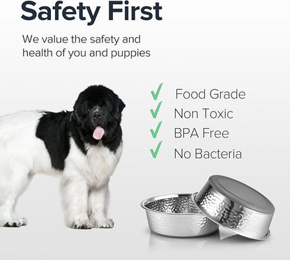 URBUDDIES 2 Pack Hammered Stainless Steel Dog Bowls, Premium Metal Dog Bowls with Non Slip Rubber Bottom, Dishwasher Safe, Easy to Clean, 11 Cup, Gray Bottom