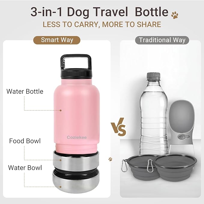 3-in-1 Dog Water Bottle Portable, 32oz Insulated Stainless Steel Pet Water Dispenser with 2 Detachable Travel Dog Bowls for Water & Food, Leak-Proof Puppy Water Bottle for Hiking, Walking (Pink)