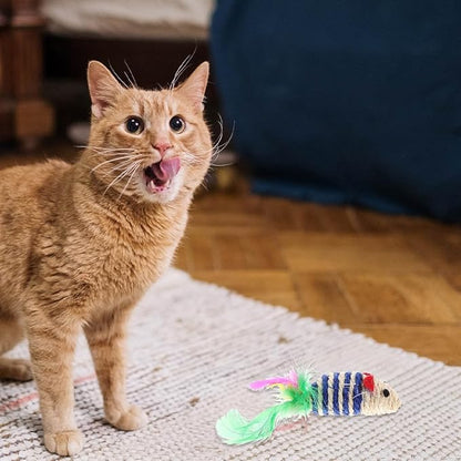 LOGOFUN 6pcs Cat Mouse Toys Sisal Mouse Shaped Toys Sisal Mice Toys with Feather Kitten Teething Toy for Pet Supplies - Pink+Blue