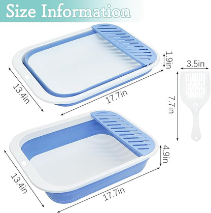 Fhiny Kitten Litter Box Portable Shallow Litter Box 17.7"x13.4"x4.9" Foldable Cat Toilet with Scoop Open Kitty Potty Pan with Litter Drop Pedal Easy to Clean Travel Kitten Toilet(Blue)