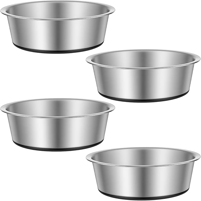 4-Pack Heavy Duty Stainless Steel Dog Bowls with Non-Slip Base – 8 Cup (64 oz) Rust-Resistant Metal Food & Water Dishes for Medium & Large Dogs