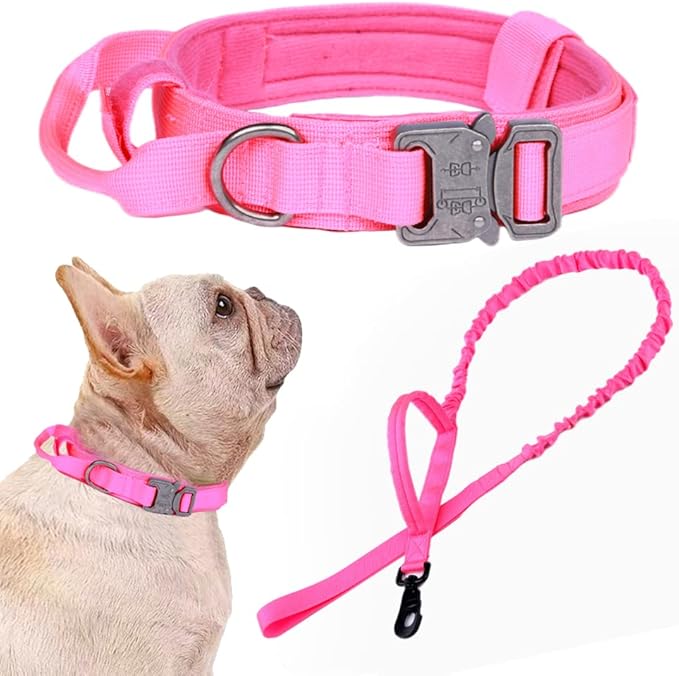Xqpetlihai Tactical Dog Collar and Leash Set Adjustable Military Nylon Dog Collar with Control Handle and Heavy Duty Metal Buckle for Large Dogs（Pink S