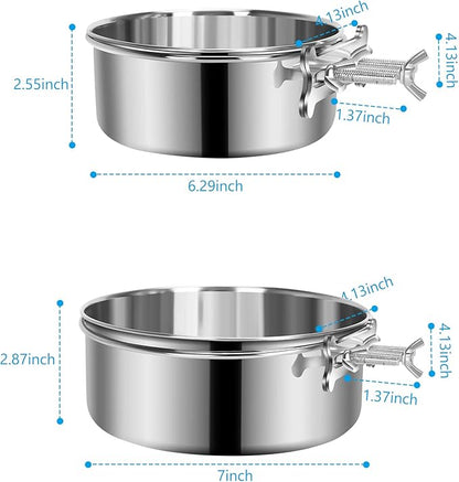 2 Pcs Large Dog Food Water Bowl for Cage with Upgraded Clamp Holder, Pet Kennel Hanging Bowls Stainless Steel Non-Spill Detectable Bowls Crate Feeder for Large Dogs (7x2.8'' & 6.3x2.5'')