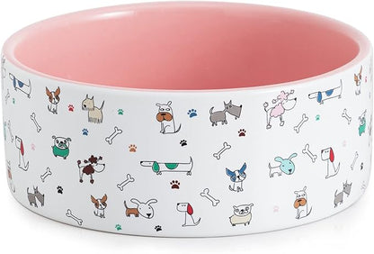 Fun Elements Ceramic Dog Bowls, Large Sized 64 Fl Oz Heavy Food and Water Bowl for Medium Dogs with Adorable Patterns (Large, Pink)