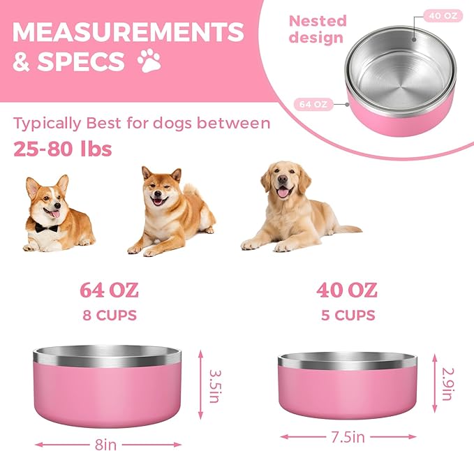 2 Pack Stainless Steel Dog Bowls, Outdoor Dog Water Bowl with Non Slip Rubber Bottom, Dishwasher Safe, Easy to Clean,40oz&64oz Pink