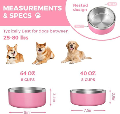 2 Pack Stainless Steel Dog Bowls, Outdoor Dog Water Bowl with Non Slip Rubber Bottom, Dishwasher Safe, Easy to Clean,40oz&64oz Pink