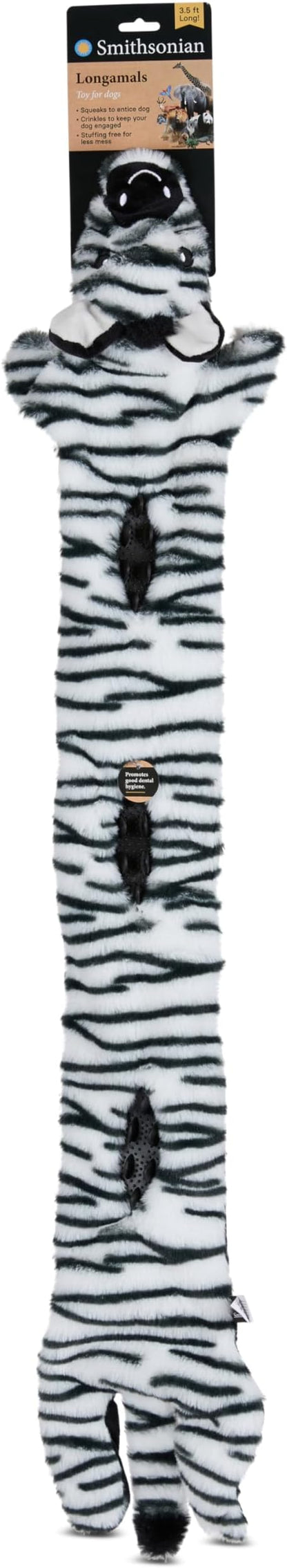 Smithsonian Longamals Zebra Plush Dog Toy – 40" Crinkle & Squeaky, Stuffing-Free Interactive Tug Toy for Medium & Large Dogs