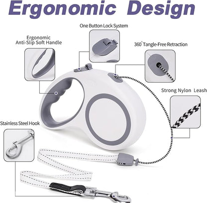 Retractable Dog Leash, 30 FT/ 20 FT Dog Walking Leash for Small Medium Large Dogs up to 77 lbs/ 44 lbs, Heavy Duty No Tangle (White, 20 FT (0-44 lbs))