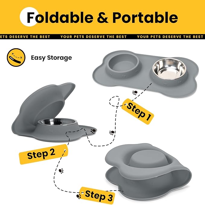 Dog Bowls with Silicone Feeding Mat,No Spill Food Water Dish Set,Dishwasher Safe,2 Stainless Steel Puppy Bowls with Dogs Bandanas,Suitable for Tiny Pets Under 8lbs,Extra Small,Grey