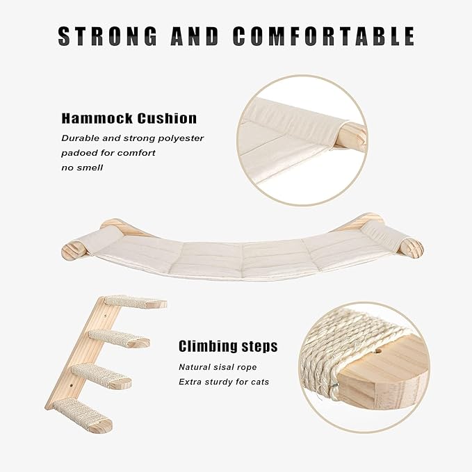 Yiotl Cat Hammock, Wall Mounted Cat Climbing Shelf, 4 Step Cat Stairway Furniture with Sisal Scratching for Sleeping, Playing, Lounging and Perching