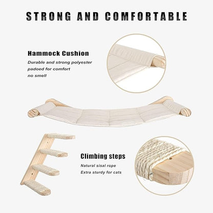 Yiotl Cat Hammock, Wall Mounted Cat Climbing Shelf, 4 Step Cat Stairway Furniture with Sisal Scratching for Sleeping, Playing, Lounging and Perching