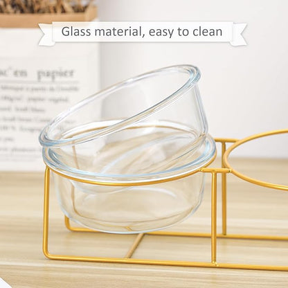 Elevated Dog Bowls for Small Dogs - 2 Glass Bowls with Gold Iron Stand - Raised Pet Dish Set for Food and Water - Comfortable Feeding