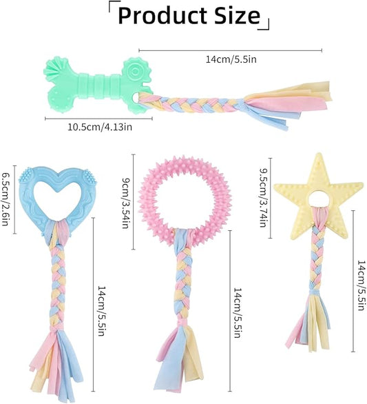 4 PCS Puppy Chew Toys for Small Dogs, Soft Rubber & Rope Teething Toy Set for Puppies, Durable Interactive Teethers for Biting Relief, Under 25 lbs(Style 10)