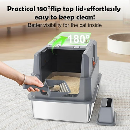 SZEE Stainless Steel Cat Litter Box with 180°Flip-Top Lid, Easy Clean XL Enclosed Litter Box, Large Covered Steel Cat Box with Scoop, Odor Control and Anti-Urine Leakage, 23.2*15*15 Inch, Dark Gray