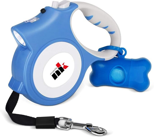 Retractable Dog Leash with LED Light Makife 5m Extendable Dog Lead for Small Medium Puppis up to 25kgs, One-Hand Brake & Lock System, Ergonomic Handle - Blue