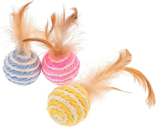 3pcs Cat Toys Balls, Interactive Feather Sisal Ball for Indoor Cats, Rolling Toys Design for Exercise and Fun, 1.96 Inch Size - Random Color