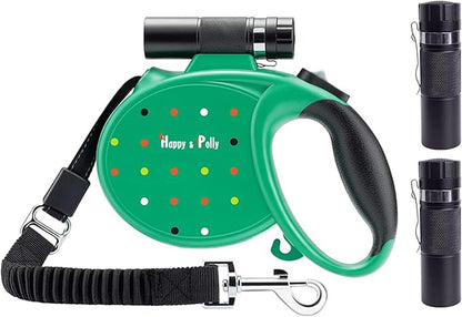 Happy & Polly Retractable Dog Leash with Flashlight, Protective Bungee Leash, Convenient Hook, 16.4ft Reflective Fishing Line Weaved Strong Tape, One- Handed Release, Pause, Lock Green