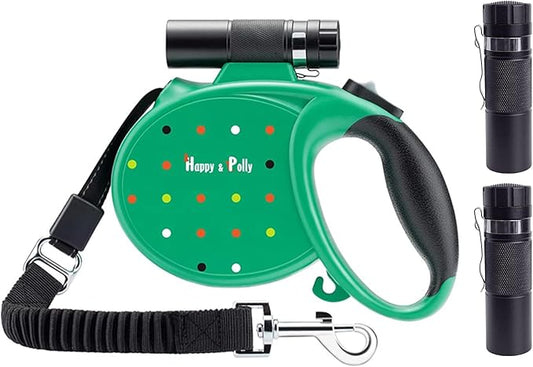 Happy & Polly Retractable Dog Leash with Flashlight, Protective Bungee Leash, Convenient Hook, 16.4ft Reflective Fishing Line Weaved Strong Tape, One- Handed Release, Pause, Lock Green