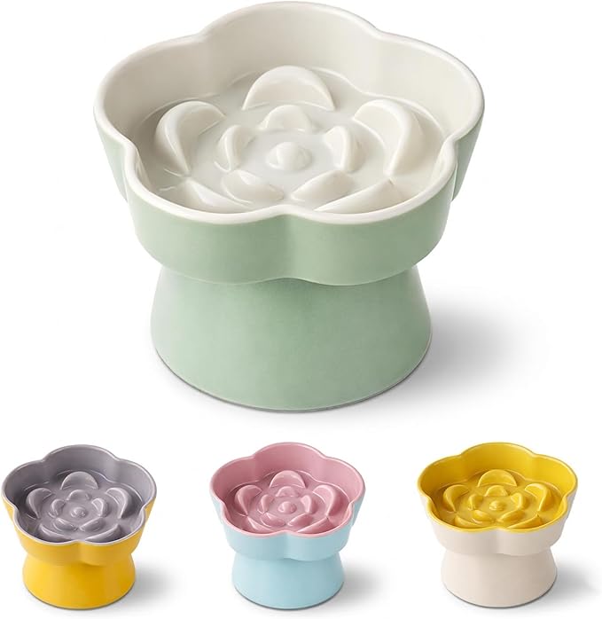 Ceramic Elevated Slow Feeder Cat Bowl, Raised and Gently Tilted Feeding Dish with Maze Design, Whisker-Friendly, Easy to Clean, for Indoor Cats and Small Dogs (Green/Ivory)