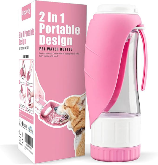Uppetly Dog Water Bottle, Pet Water Bottle with Food Container and Drinking Feeder, Leak Proof, BPA-Free, Portable Foldable Puppy Water Cup Dispenser for Outdoor Walking, Travel, Hiking Small Pink